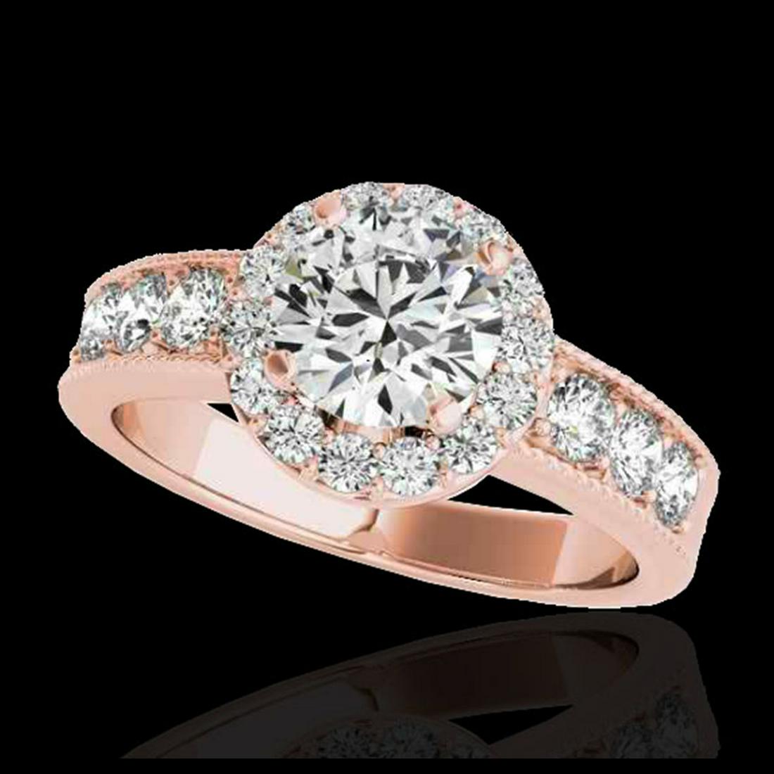 1.85 ctw H-SI/I Diamond Solitaire Halo Ring 10K Rose: REF-211R4K - SKU:34532 ---- 1.85 ctw H-SI/I Diamond Solitaire Halo Ring 10K Rose Gold Designer Brand Luxury Jewelry, made in the USA Suggested Retail Price: $15,500 Factory offers perfect factory sizi