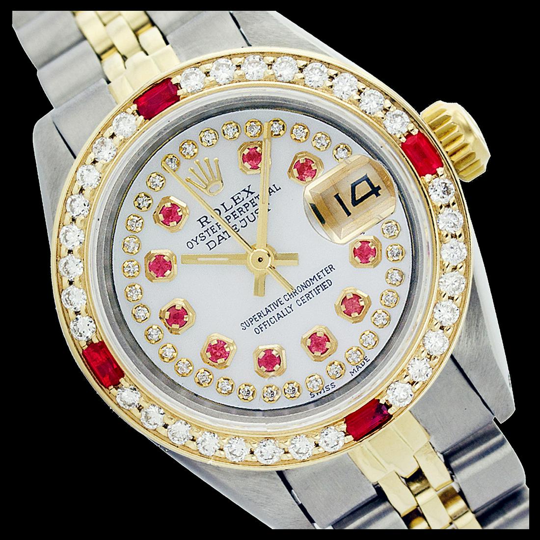Rolex Men's Two Tone 14K Gold/SS, QuickSet, Diam/Ruby: REF-575W3H ---- Rolex Men's Two Tone 14K Gold/ss, QuickSet, Diam/Ruby Dial & Diam/Ruby Bezel This watch is in Excellent Condition. Newly serviced & Polished to Factory specifications. Prepetual, Self-
