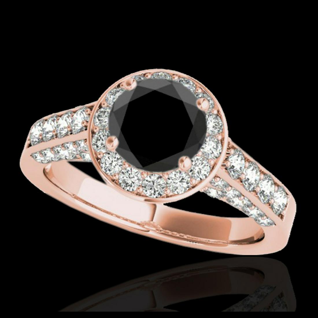 1.80 ctw VS Black Diamond Solitaire Halo Ring 10K Rose: REF-72R8K - SKU:34046 ---- 1.80 ctw VS Black Diamond Solitaire Halo Ring 10K Rose Gold Designer Brand Luxury Jewelry, made in the USA Suggested Retail Price: $6,400 Factory offers perfect factory sizi