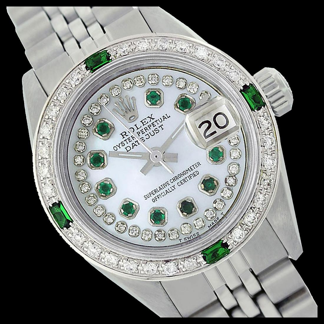 Rolex Ladies Stainless Steel, Diam/Emerald Dial &: REF-434M3F ---- Rolex Ladies Stainless Steel, Diam/Emerald Dial & Diam/Emerald Bezel, Sapphire Crystal This watch is in Excellent Condition. Newly serviced & Polished to Factory specifications. Prepet