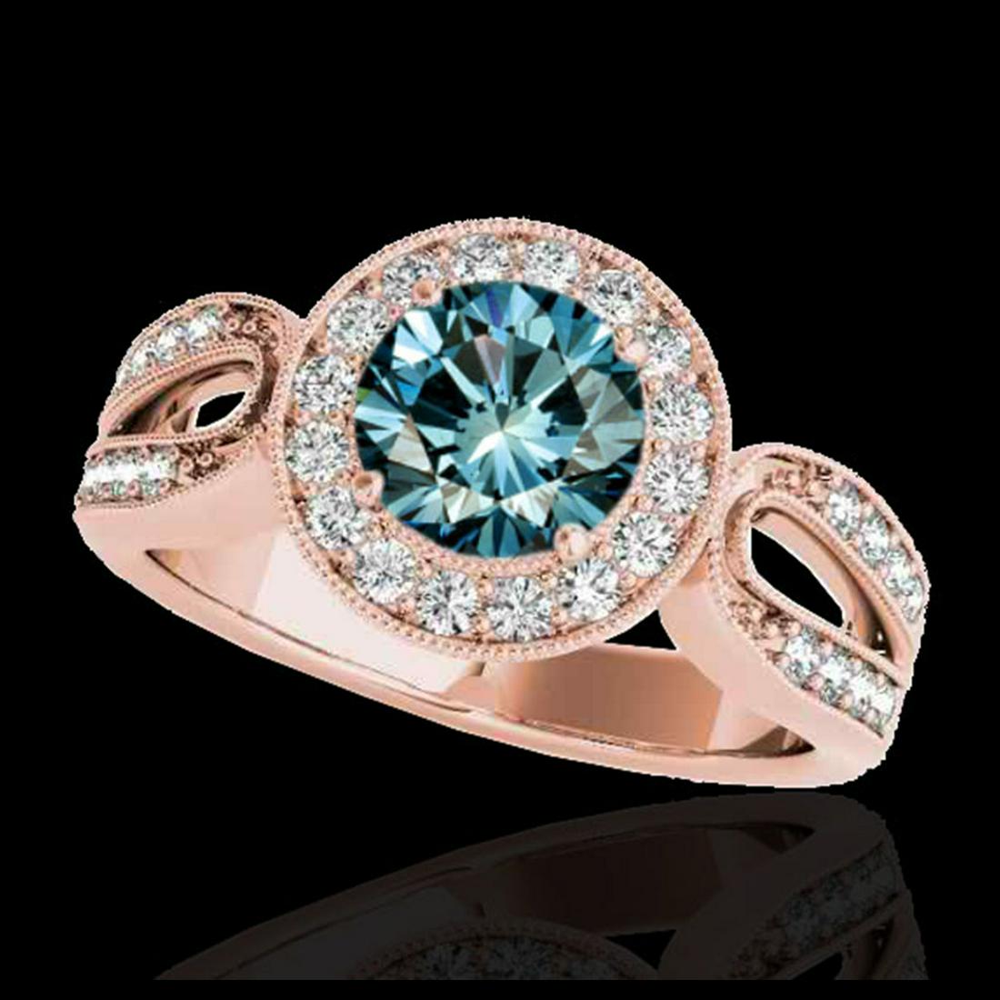 1.40 ctw SI Fancy Blue Diamond Solitaire Halo Ring 10K: REF-130W6H - SKU:34564 ---- 1.40 ctw SI Fancy Blue Diamond Solitaire Halo Ring 10K Rose Gold Designer Brand Luxury Jewelry, made in the USA Suggested Retail Price: $10,550 Factory offers perfect facto