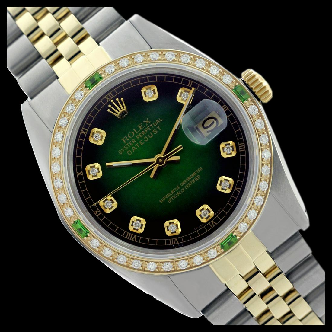 Rolex Men's Two Tone 14K Gold/SS, QuickSet, Diam Dial &: REF-557K7T ---- Rolex Men's Two Tone 14K Gold/ss, QuickSet, Diam Dial & Diam/Emerald Bezel This watch is in Excellent Condition. Newly serviced & Polished to Factory specifications. Prepetual, Self-Wi