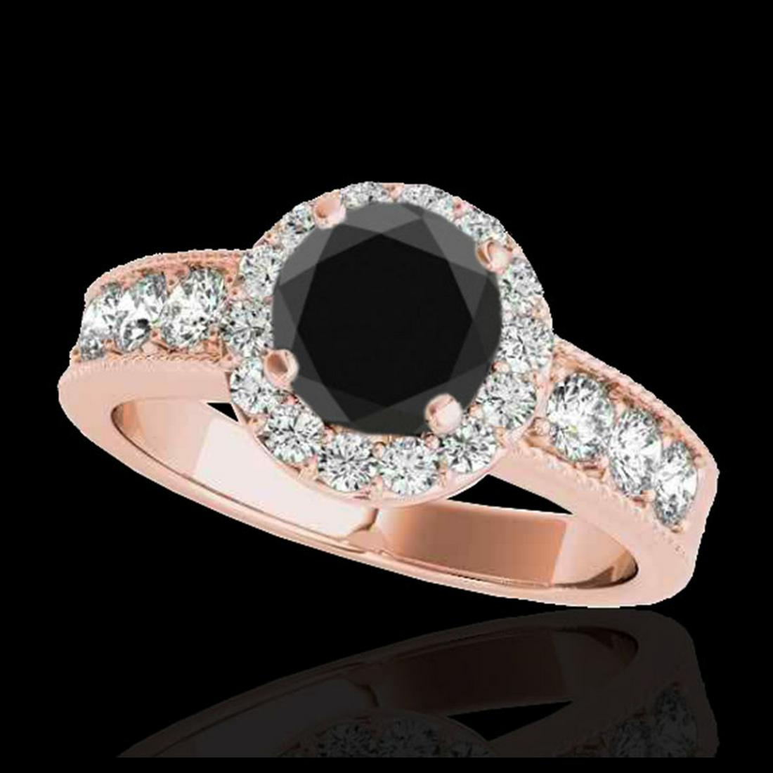 1.85 ctw VS Black Diamond Solitaire Halo Ring 10K Rose: REF-74H5M - SKU:34535 ---- 1.85 ctw VS Black Diamond Solitaire Halo Ring 10K Rose Gold Designer Brand Luxury Jewelry, made in the USA Suggested Retail Price: $6,550 Factory offers perfect factory sizi