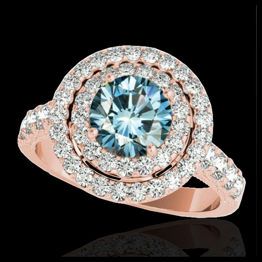 3 ctw SI Blue Diamond Solitaire Halo Ring 10K Rose Gold: REF-248K9W - SKU:34226 ---- 3 ctw SI Blue Diamond Solitaire Halo Ring 10K Rose Gold Designer Brand Luxury Jewelry, made in the USA Suggested Retail Price: $21,900 Factory offers perfect factory sizing