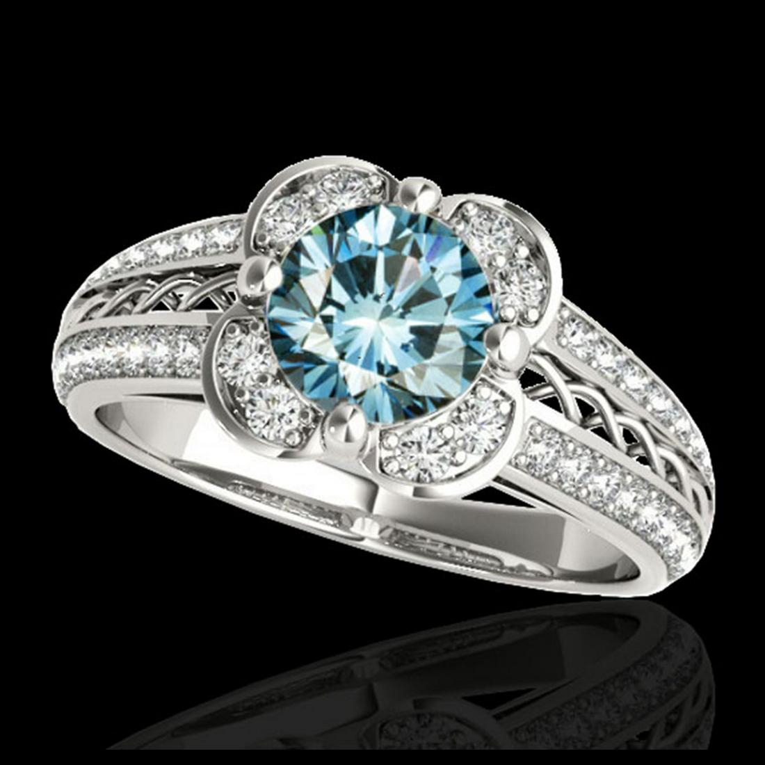 1.50 ctw SI Fancy Blue Diamond Solitaire Halo Ring 10K: REF-135W2H - SKU:34261 ---- 1.50 ctw SI Fancy Blue Diamond Solitaire Halo Ring 10K White Gold Designer Brand Luxury Jewelry, made in the USA Suggested Retail Price: $10,900 Factory offers perfect fact