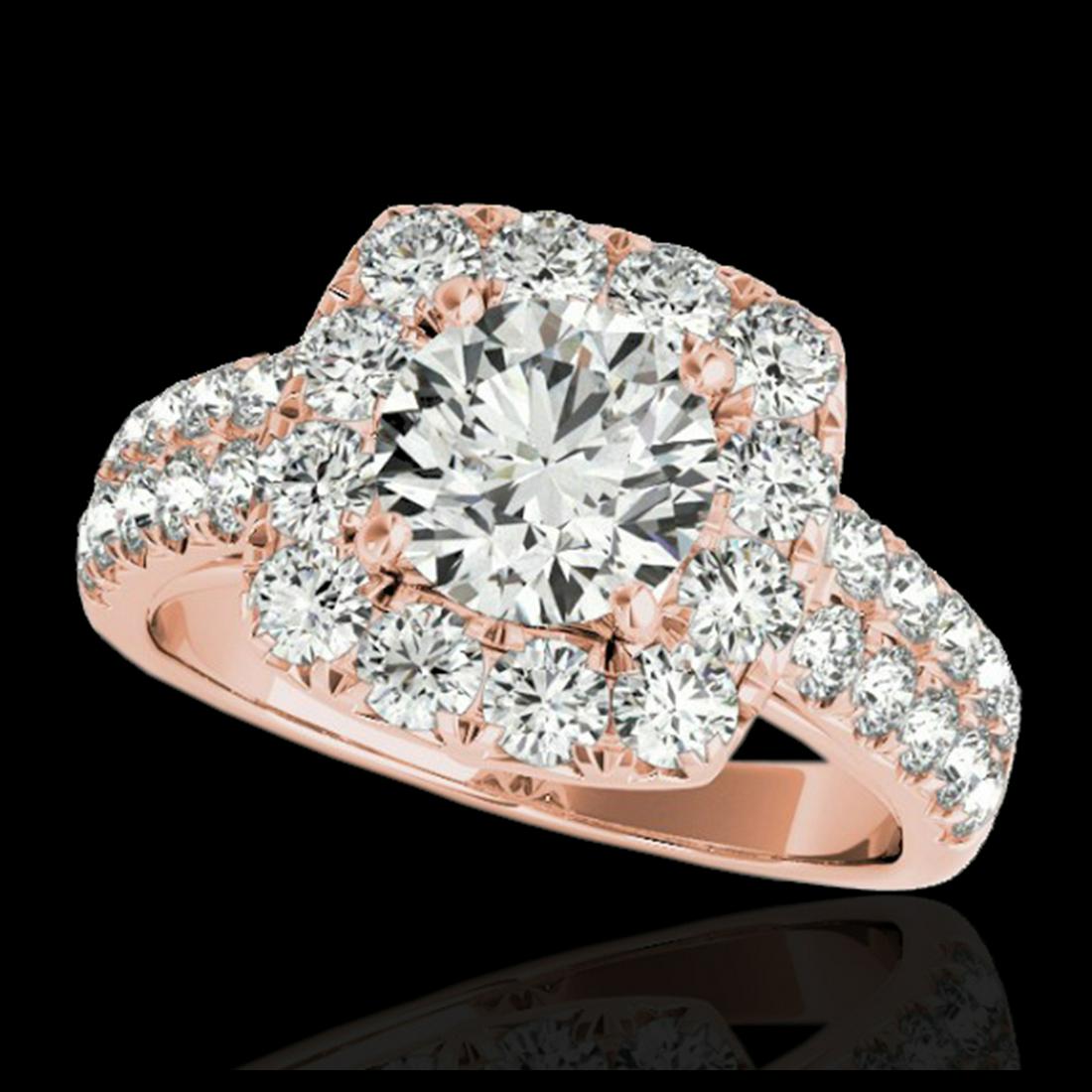 2.25 ctw H-SI/I Diamond Solitaire Halo Ring 10K Rose: REF-238W6H - SKU:33635 ---- 2.25 ctw H-SI/I Diamond Solitaire Halo Ring 10K Rose Gold Designer Brand Luxury Jewelry, made in the USA Suggested Retail Price: $19,250 Factory offers perfect factory sizi