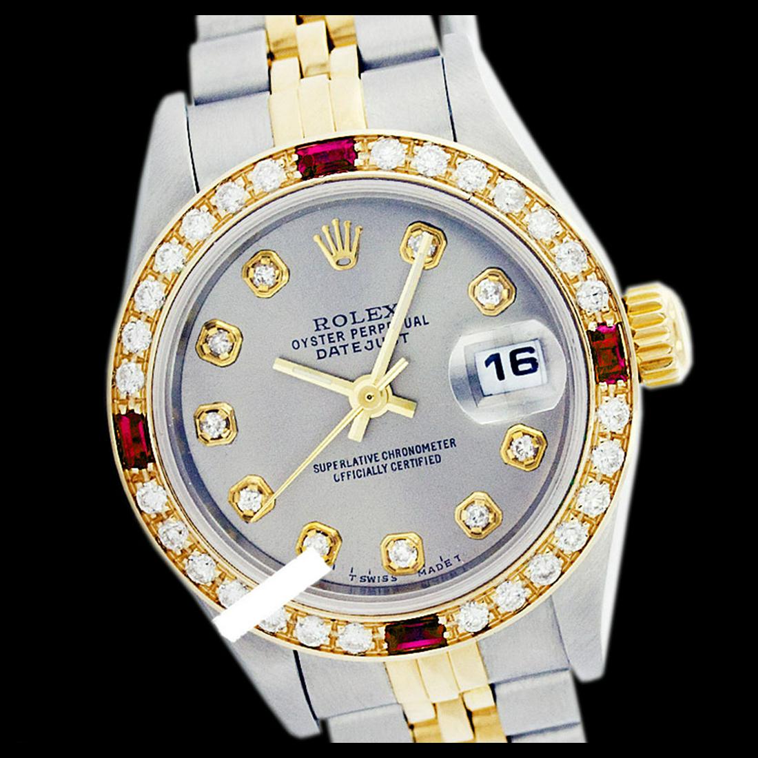 Rolex Ladies Two Tone 14K Gold/ss, Diam Dial &: REF-434F3M ---- Rolex Ladies Two Tone 14K Gold/ss, Diam Dial & Diam/Ruby Bezel, Sapphire Crystal This watch is in Excellent Condition. Newly serviced & Polished to Factory specifications. Prepetual, S