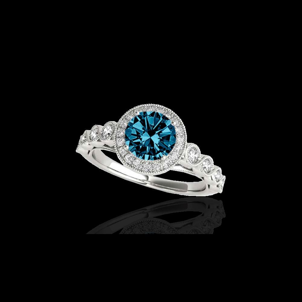 1.50 ctw SI Certified Fancy Blue Diamond Solitaire Halo: REF-133K6R - SKU: 33603 ---- 1.50 ctw SI Certified Fancy Blue Diamond Solitaire Halo Ring 10K White Gold Designer Brand Luxury Jewelry, made in the USA Suggested Retail Price: $10,800 Factory offers p