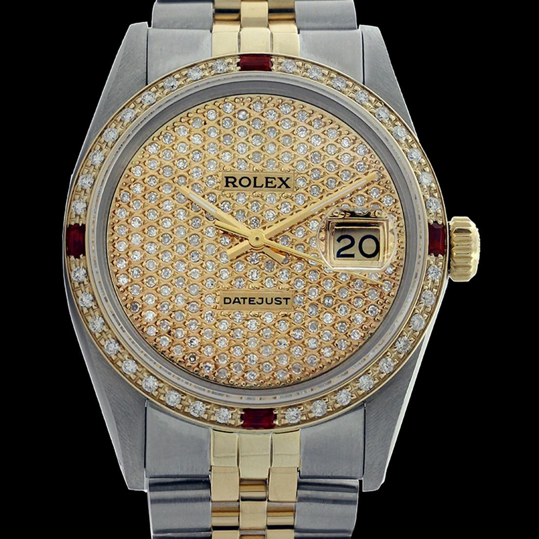 Rolex Ladies Two Tone 14K Gold/SS, Diam Pave Dial &: REF-497N3A ---- Rolex Ladies Two Tone 14K Gold/ss, Diam Pave Dial & Diam/Ruby Bezel, Sapphire CrystalThis watch is in Excellent Condition.Newly serviced & Polished to Factory specifications. Prepetual