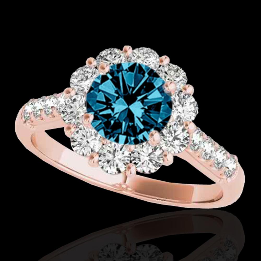 2 ctw SI Certified Fancy Blue Diamond Solitaire Halo: REF-177R3K - SKU: 33424 ---- 2 ctw SI Certified Fancy Blue Diamond Solitaire Halo Ring 10k Rose Gold Designer Brand Luxury Jewelry, made in the USA Suggested Retail Price: $14,300 Factory offers perfe