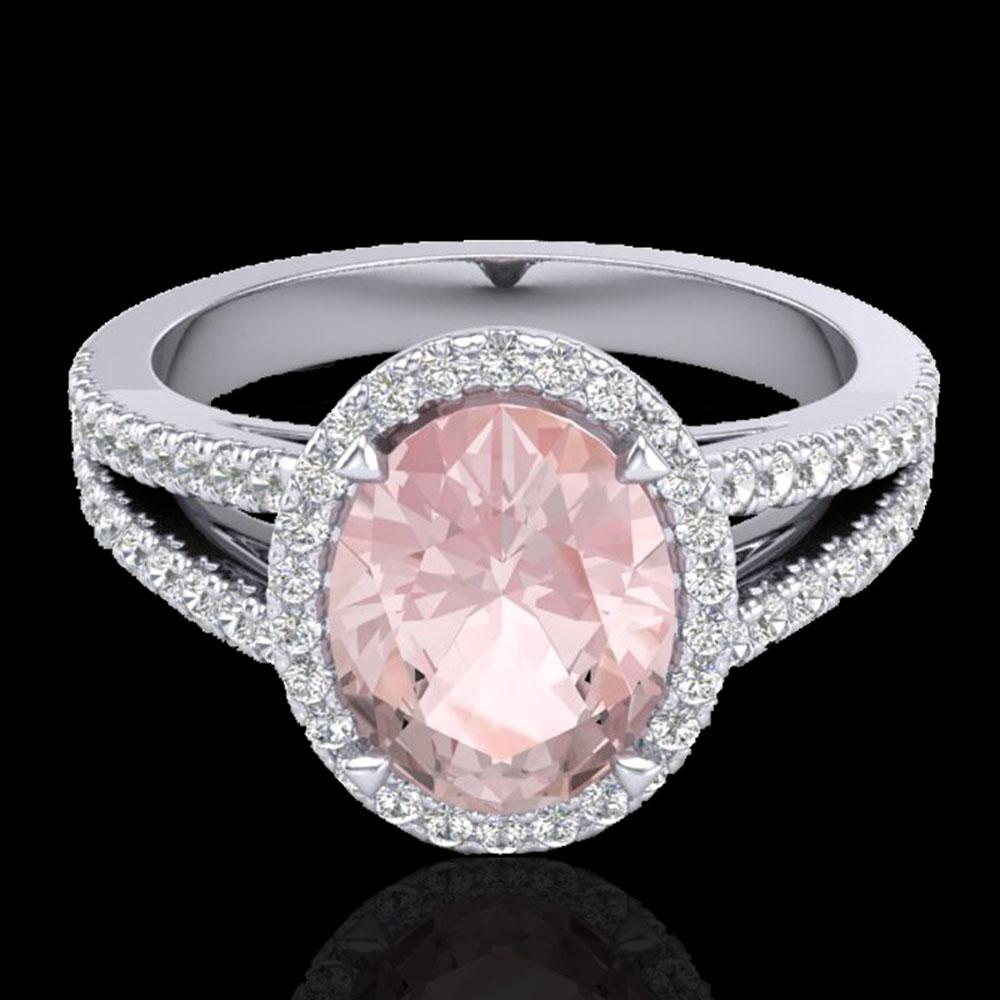 3 ctw Morganite & Micro VS/SI Diamond Halo Ring 18k: REF-86K2Y - SKU: 20944 ---- 3 ctw Morganite & Micro VS/SI Diamond Halo Ring 18k White Gold Designer Brand Luxury Jewelry, made in the USA Suggested Retail Price: $5,700 Factory offers perfect factory 