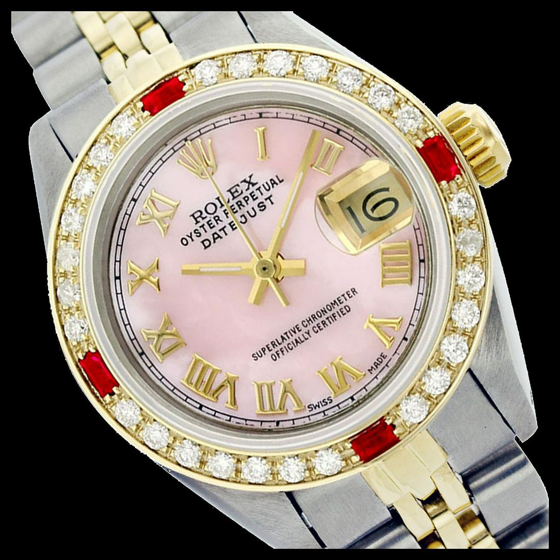 Rolex Men's Two Tone 14K Gold/SS, QuickSet, Roman Dial: Rolex Men's Two Tone 14K Gold/ss, QuickSet, Roman Dial with Diam/Ruby Bezel This watch is in Excellent Condition. Newly serviced & Polished to Factory specifications. Prepetual, Self-Winding movement.