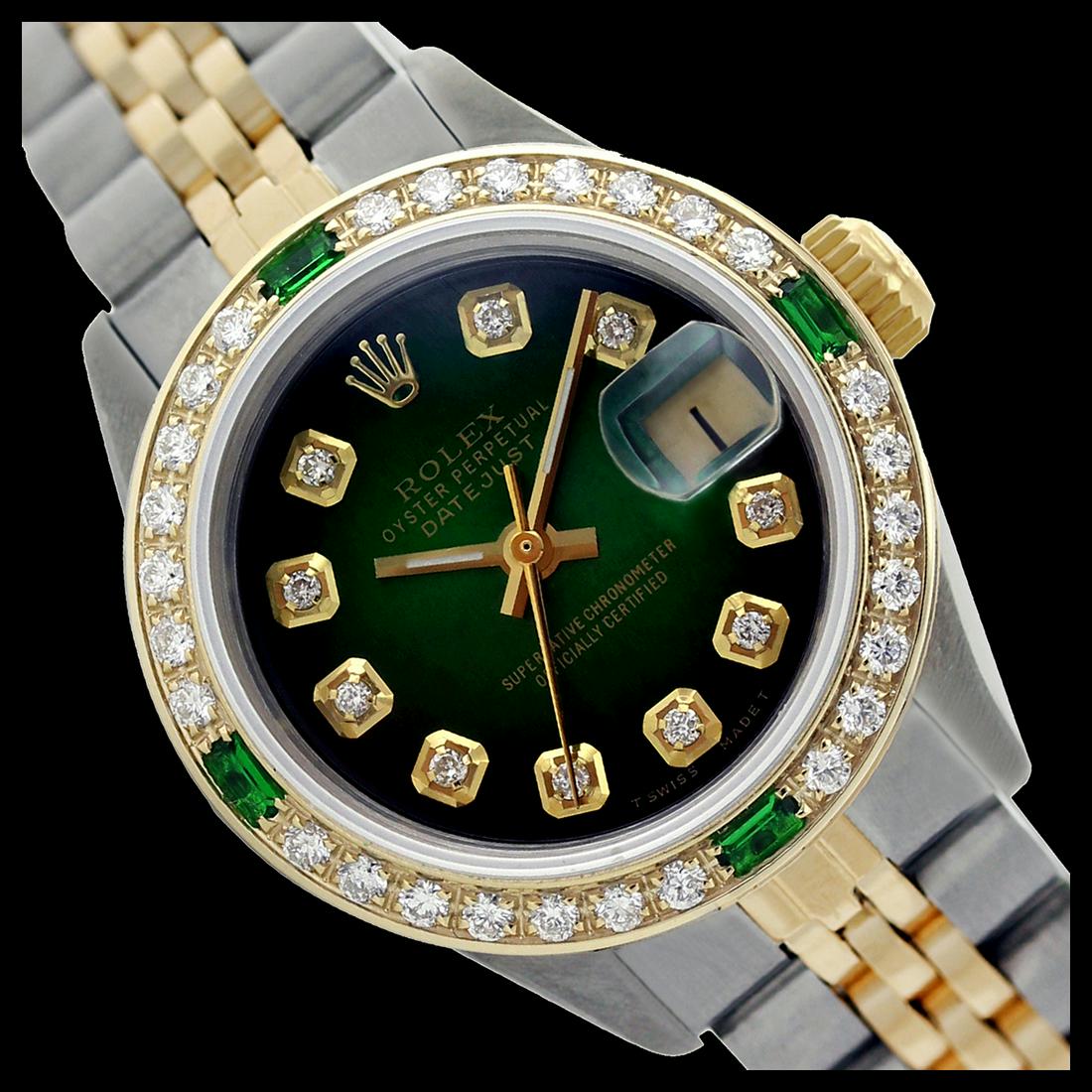 Rolex Ladies Two Tone 14K Gold/SS, Diam Dial &: Rolex Ladies Two Tone 14K Gold/ss, Diam Dial & Diam/Emerald Bezel, Sapphire Crystal This watch is in Excellent Condition. Newly serviced & Polished to Factory specifications. Prepetual, Self-Winding m