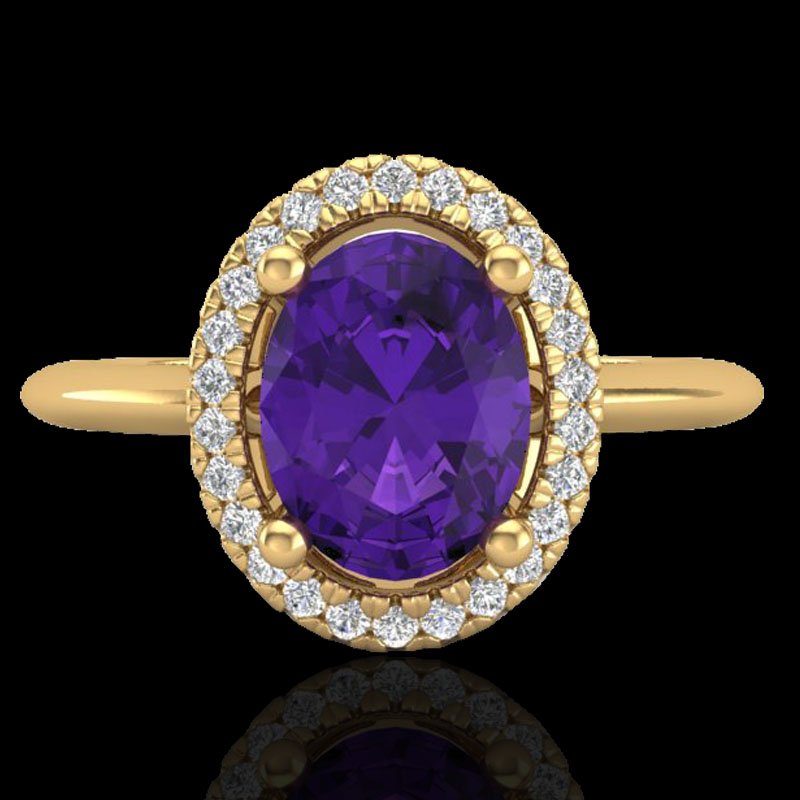 1.75 CTW Amethyst & Micro Diamond Ring Solitaire Halo: 20999-REF#-43H6R -- -- 1.75 CTW Amethyst & Micro Diamond Ring Solitaire Halo 18K Gold -- -- GEMMARI Designer Brand Luxury Jewelry, made in the USA -- GEMMARI Retail Price: $2,900 -- Perfect factory si
