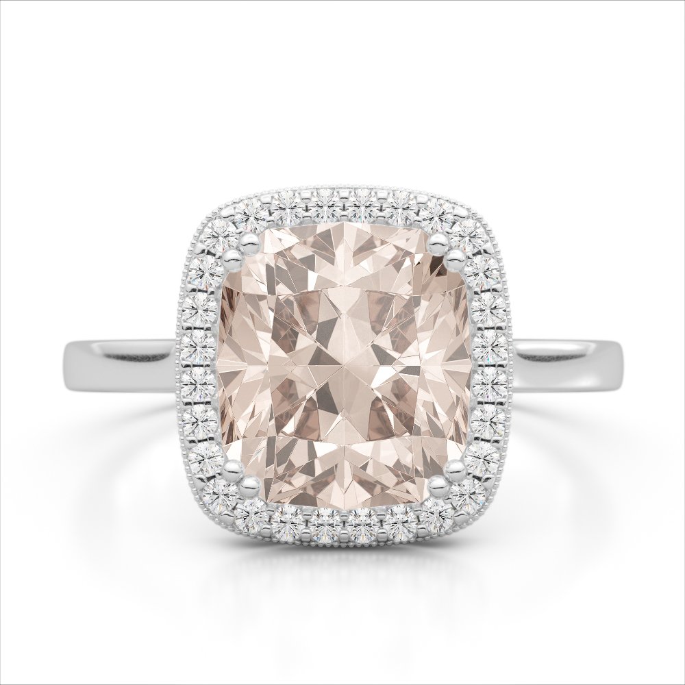 3 CTW Morganite & Micro Pave VS/SI Diamond Halo: 22846-REF-72V2F ---- 3 CTW Morganite & Micro Pave VS/SI Diamond Halo Solitaire Ring 18K Gold Manufacturer's Suggested Retail Price: $3550.00 GEMMARI Designer Brand Luxury Jewelry, made in the USA GEMM