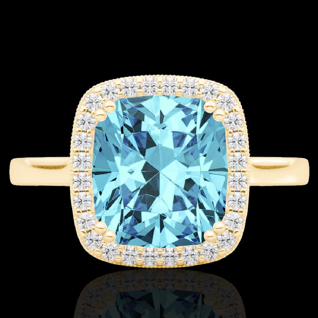 3.50 CTW Sky Blue Topaz & Micro VS/SI Diamond Halo: 22854-REF-48H9Z ---- 3.50 CTW Sky Blue Topaz & Micro VS/SI Diamond Halo Solitaire Ring 18K Gold Manufacturer's Suggested Retail Price: $2400.00 GEMMARI Designer Brand Luxury Jewelry, made in the USA G