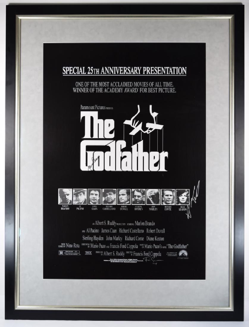 THE GODFATHER SIGNED 25TH ANNIVERSARY MOVIE POSTER: A signed poster for the 25th anniversary of The Godfather, signed in-person in blue and black felt tip by 4 cast members including, Al Paclno, James Caan, Robert Duvall, Diane Keaton, and also signed