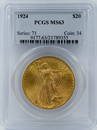 1924 $20 GOLD ST GAUDENS DOUBLE E COIN PCGS MS63