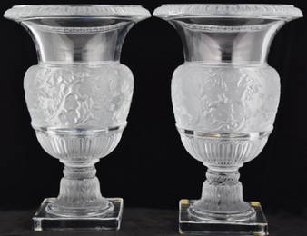 PAIR LG. LALIQUE FRANCE CRYSTAL VERSAILLES VASES