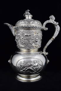 1871 STEPHEN SMITH ENGLISH STERLING SILVER TEAPOT: Hallmarked in London in 1871 by renowned Stephen Smith, this Antique, Victorian, Sterling Silver coffee or teapot is in the "Cellini" style, first made popular by the famous 16th century Florentine si