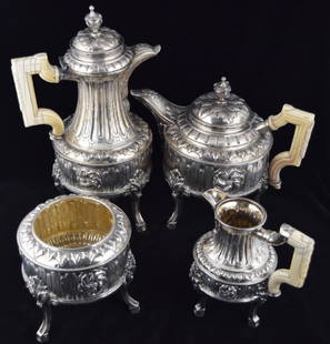 19TH C FREDERICK ELKINGTON STERLING TEA COFFEE: Amazing historic sterling silver tea & coffee service set from the illustrious silversmith Frederick Elkington, Chief Partner at Elkington & Co. Matching set with ornate floral fluted design throughou