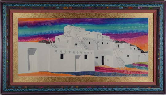 FRAN LARSEN (AMER. B. 1937) WATERCOLOR ON PAPER: &#8220;Taos Eternal&#8221; watercolor painting in a hand carved and painted polychrome frame by the artist. Circa 1990. Work measures 20" H x 44" W, frame 32" H x 56" W. THIRD PARTY SHIPPING REQUIRED.