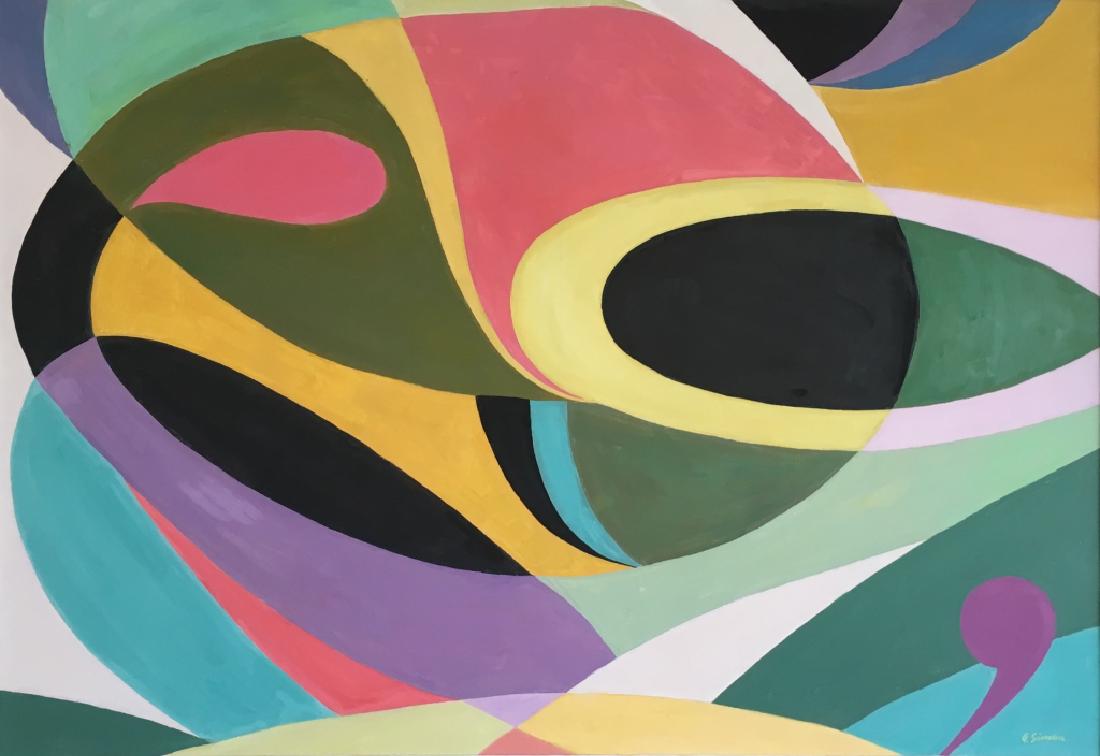 ALLEN SIMON (AMER.1907-2007) "COMMA" ACRYLIC: Acrylic on canvas painting "Purple Comma (Ellipses)"- the Etude Series. A dynamic combination of bold and flowing, with color harmonies that offer respite to the eye. The mat, which is separate from t
