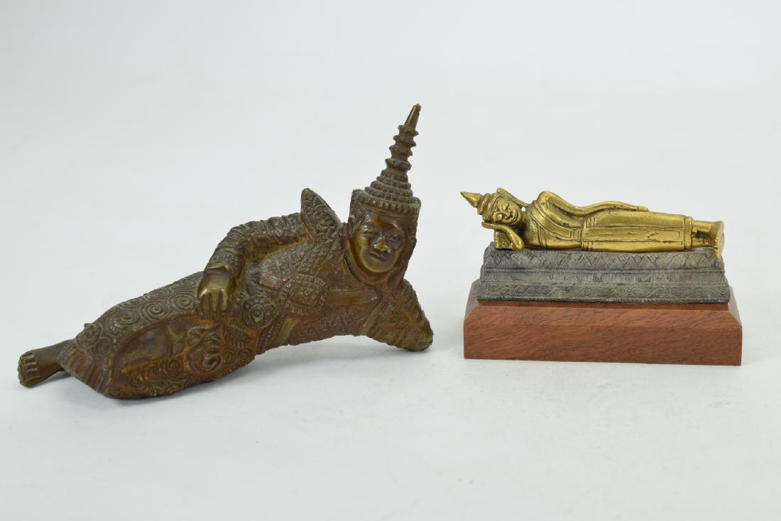 19TH C. BRONZE RECLINING TIBETAN BUDDHA + OTHER: Chinese Buddhist alter piece. Circa 19th Century. + other. Largest measures 5” L x 3” H x 2” D. Weighs 21 OZ. U.S. SHIPPING $20 + INSURANCE.