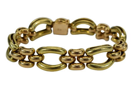 14K GOLD HUNGARY/SLOVAKIA TWO TONE BRACELET: 14K gold and rose gold link bracelet. Hallmarked “585” and “K”. Measures approx. 7-3/4” L (including clasp). Weighs 36.2g. U.S. SHIPPING $15 + INSURANCE.