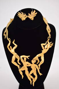 HERVE VAN DER STRAETEN VERMEIL FIGURAL NECKLACE: A very rare vintage designer 24k gold over brass necklace of what looks like men and woman dancing, coming with a set of leaf design earrings. All pieces are stamped “Van Der Straeten”. Ne