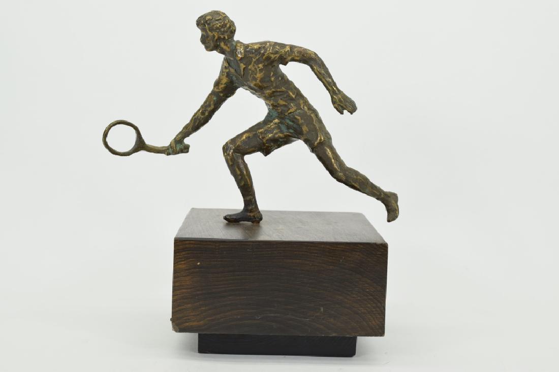 1994? CURTIS JERE BRONZE TENNIS PLAYER SCULPTURE: Measures 10" L x 6-1/2" H + 2" stand. THIRD PARTY SHIPPING REQUIRED.