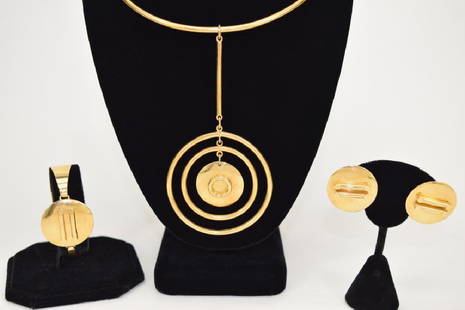 18K GOLD EQUAL NECKLACE BRACELET EARRINGS SUITE: Vintage moderne equality jewelry suite. Custom made in 18k gold. Triple hoop pendant with center hoop mounted (2-1/2") dangling from a hanging rod (2") that connects to the neck hoop choker style neck