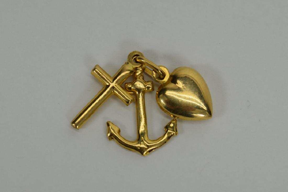 14K GOLD ANCHOR CROSS HEART PUFFY PENDANTS TRIO: Small pendants or large charms. Measures 1" L x 1/2" W. Weighs 2.3g. U.S. SHIPPING $10 + INSURANCE