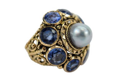 14K GOLD & TANZANITE SCROLLWORK RING W/ PEARL