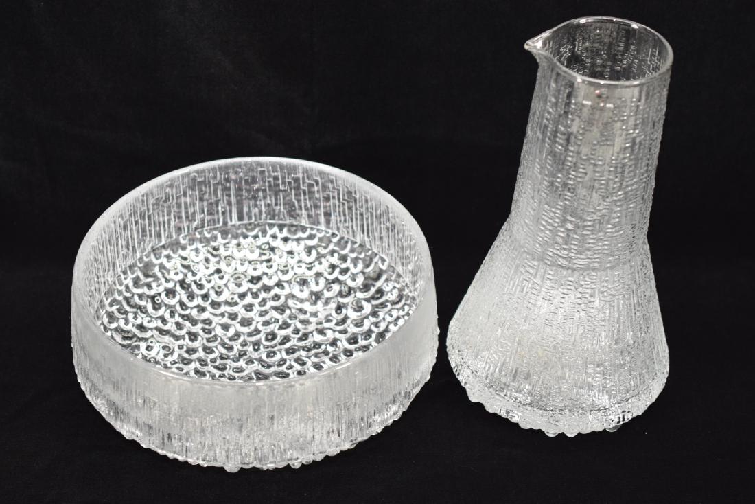 PEBBLE BOTTOM BAMBOO CRYSTAL BOWL & CARAFE: Vintage matching bamboo style possibly Blenko set, bowl and wine carafe having pebble textured bottoms. Carafe has an illegible worn sticker “Mad? ?? ?AND” and measures approximately 8-5/8