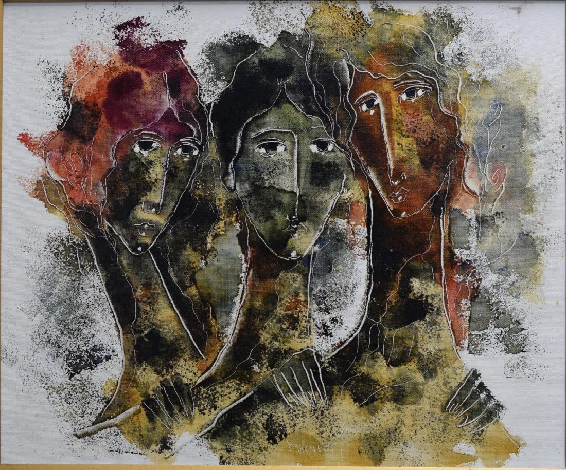 CALVIN WALLER BURNETT (AMER.1921-07) OIL CANVAS: Oil or acrylic on canvas painting depicting the faces and hands of three women in negative space. Signed to lower center. Work measures 20” H x 24” W. Frame measures 26” H x 30” W x 1-1/2” D