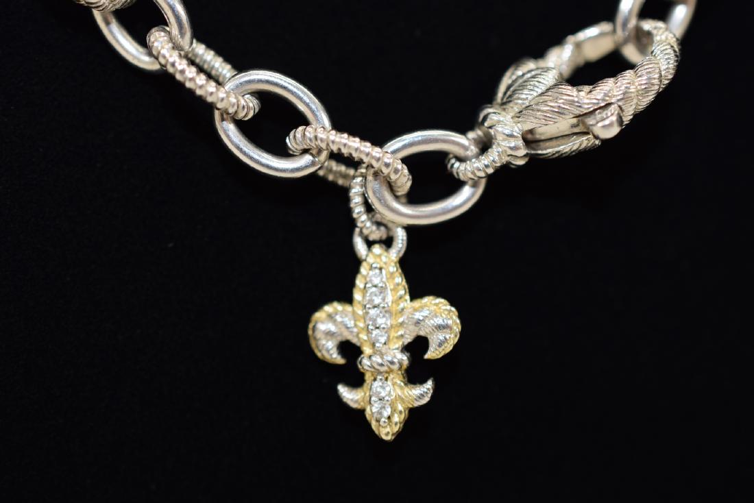 JUDITH RIPKA STERLING SILVER & 14K GOLD JEWELRY SU: Coming in original presentation box, Judith Ripka jewelry suite including a necklace (18” L), bracelet (7-1/2” L), and hoop lever-back earrings (3/4” Diameter) in sterling silver wit