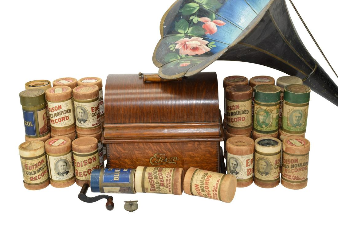 ANTIQUE EDISON PHONOGRAPH HORN CYLINDER RECORDS: Serial #5210618. 32 records and floral painted horn. Bottom split slightly loose. Player measures 12-1/2" L x 9" W x 10-1/4" H (not including top handle) Horn measures approx. 25-1/2" (not including f