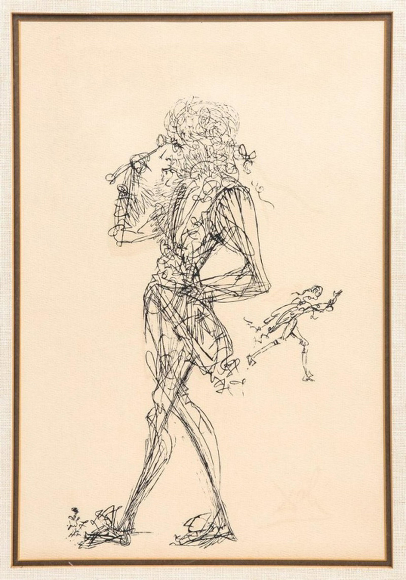 SALVADOR DALI ETCHING OF A GENTLEMAN: Salvador Dali etching of a gentleman with opera glasses. Signed lower right. Image measures approx 10-1/2" x 15-1/2" frame measures 21-7/8" x 16-7/8" frame size. THIRD PARTY SHIPPING REQUIRED.