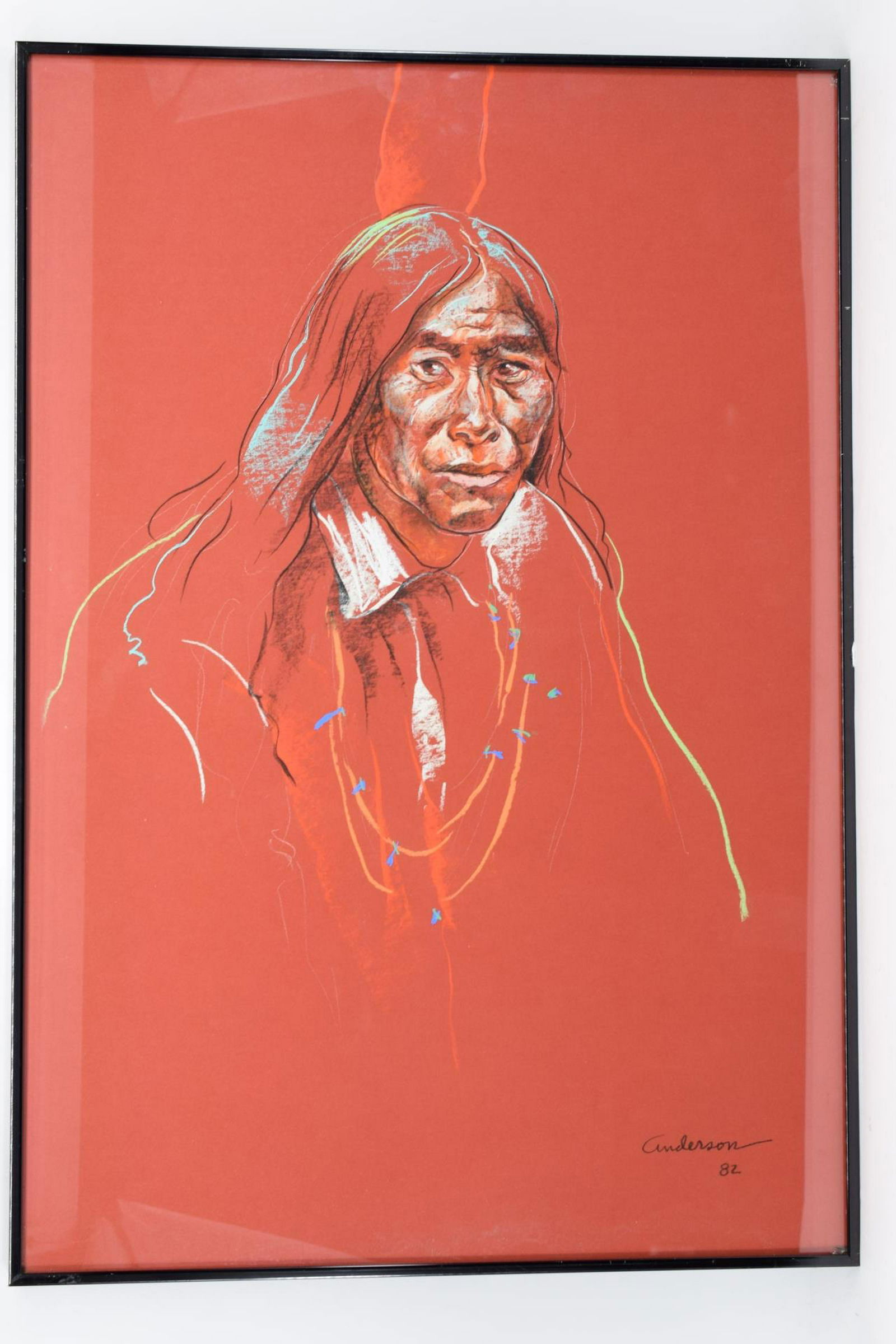 ROBIN JOHN ANDERSON PASTEL NATIVE ROSE PORTRAIT: Portrait of a Native American woman on colored paper. Sticker to back reads "Portrait in Terra Cotta". Purchased as "Rose Portrait" in 1985 from and with original receipt of Rosequist Galleries, Inc.
