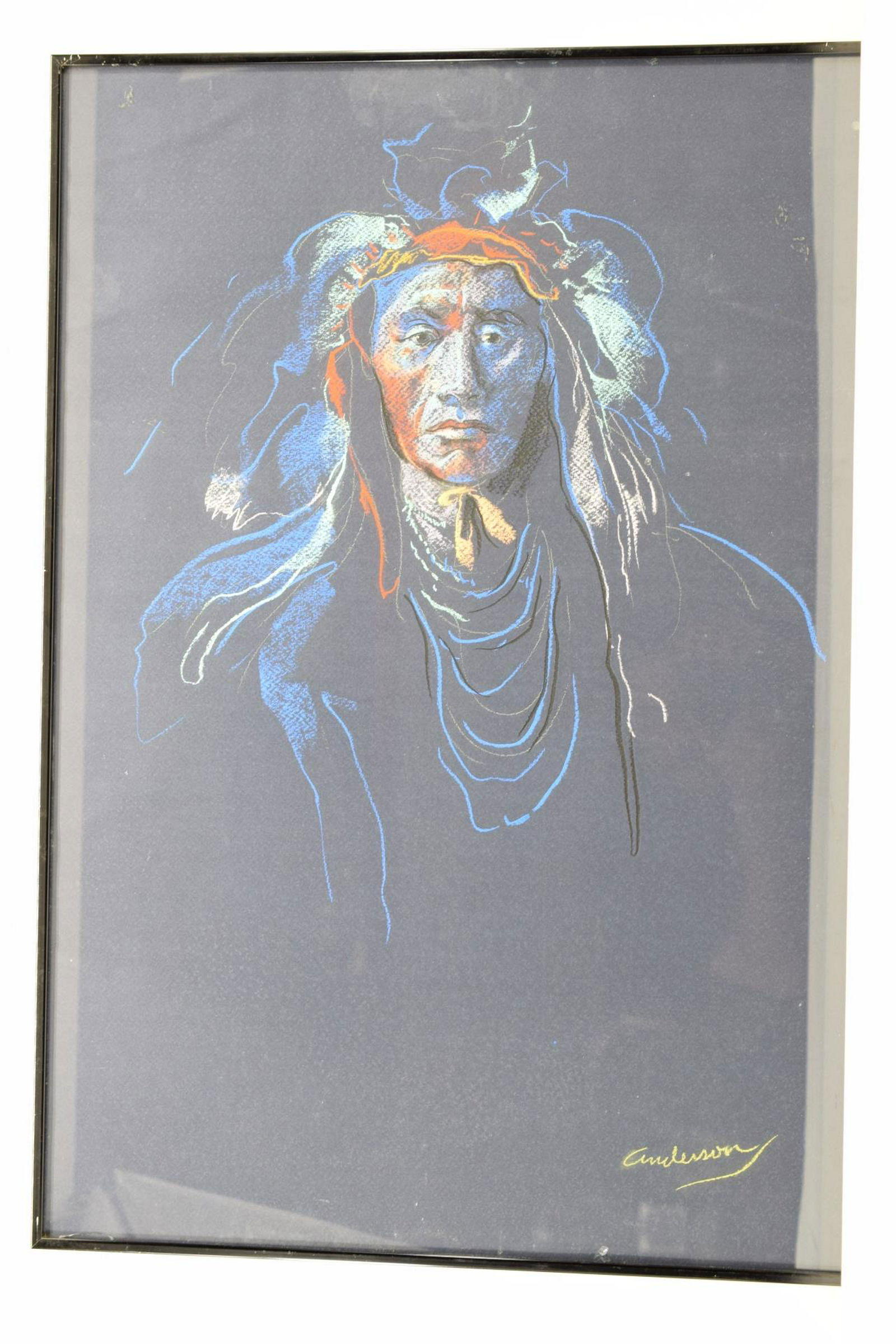 ROBIN JOHN ANDERSON PASTEL NATIVE BLUE PORTRAIT: Portrait of a Native American woman on colored paper. Purchased as "Blue Portrait" in 1985 from and with original receipt of Rosequist Galleries, Inc. of Tucson, Arizona. Work and frame measures 32" H