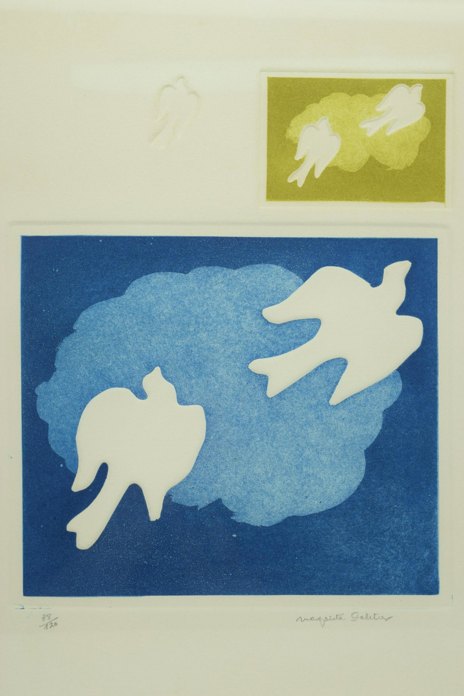 MARGARITA GALETAR "ASCENDING DOVES" SCREENPRINT: (Argentinian, b. 1922). Embossed screen-print with pairs of birds flying upward. Signed and numbered "38/120" in pencil. Work measures 17-3/4" H x 14-1/2" W. Frame measures 21-1/2" H x 17-1/2" W x 1-3