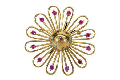 CORO 10K GOLD & RUBY SPUTNIK FLORAL BROOCH PIN