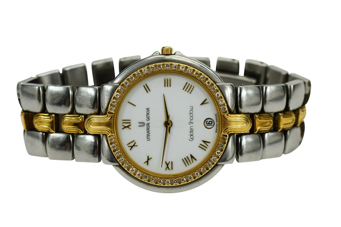 UNIVERSAL GENEVE 18K GOLD & DIAMOND SS WATCH: Universal Geneve "Golden Shadow" #276.008, 18k gold and diamond bezel, 18k gold centre band "U" links, stainless steel case & back. Model No. 97945. Water resistant. Sapphire Crystal. Case measures ap