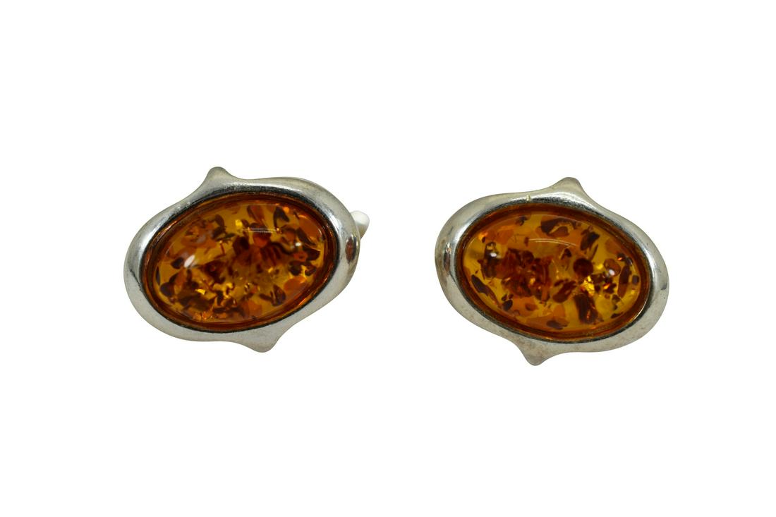 STERLING SILVER & AMBER LEVER-BACK POST EARRINGS: Each measure approximately 5/8" L x 1/2" W. Weighs 4.8g. U.S. SHIPPING $10 + INSURANCE.