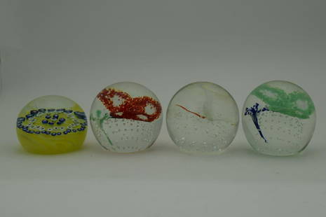 #4 VINTAGE GENTILE BUBBLE ART GLASS PAPERWEIGHTS: Four Gentile animal / art glass hand made with controlled bubbles paperweights, two butterflies, one swan, and one starry flower design . All signed with signature "G", and the red butterfly is dated