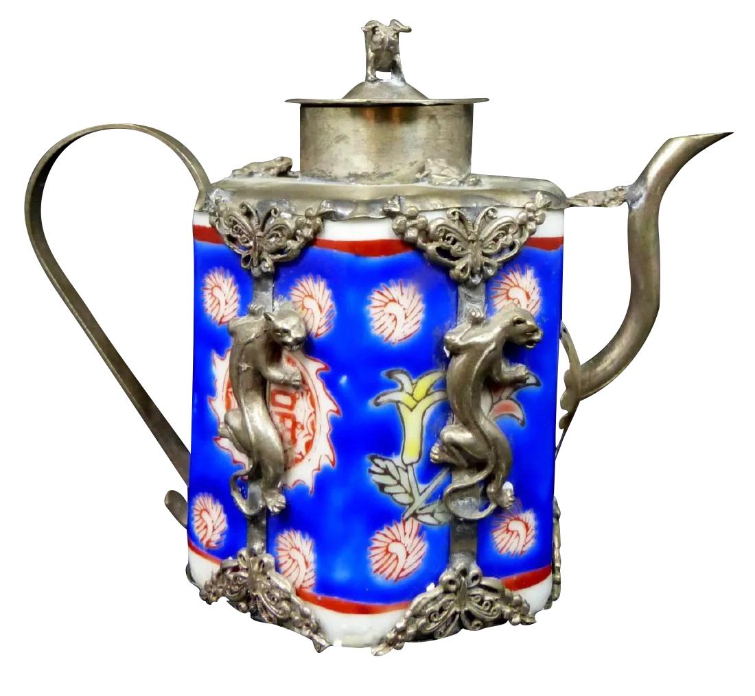 CHINESE PORCELAIN METAL OVERLAY TEAPOT (1 of 10)