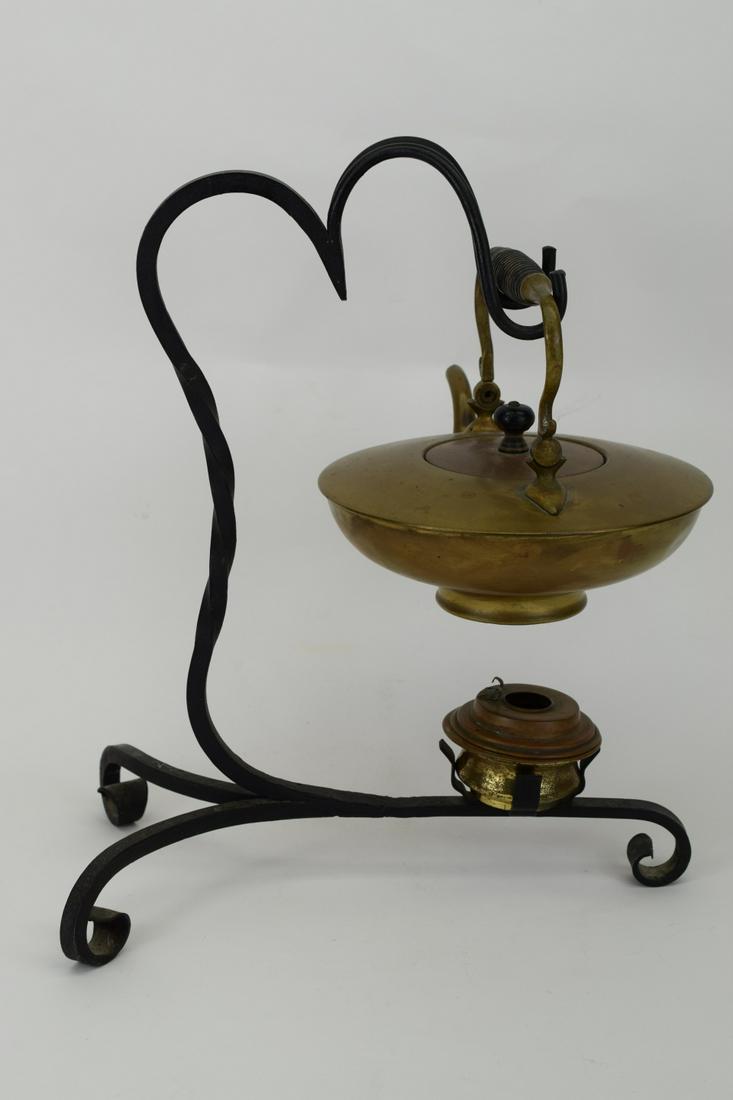 ANTIQUE IRON & BRASS TEA POT KETTLE ON STAND (1 of 13)