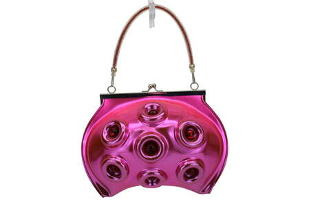 ANEMONE "LADY OCTOPUS" PINK METALLIC HANDBAG: Anemone pink metallic vinyl "Lady Octopus" handbag purse. Snap closure with black interior. Measures approximately 6-3/4" H (plus 5-1/4" strap drop) x 9-1/2" W x 5-1/2" D. Weighs 12oz. U.S. PRIORITY
