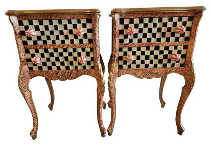 2 MACKENZIE-CHILDS STYLE ANNA DAVIS SIDE TABLES: Anna Davis (American/Armenian, b. 1948). Pair of matching side tables. Each with rose blooms and buds to the top on a faux marbling background, two Courtly Check style drawers with peppermint knobs,